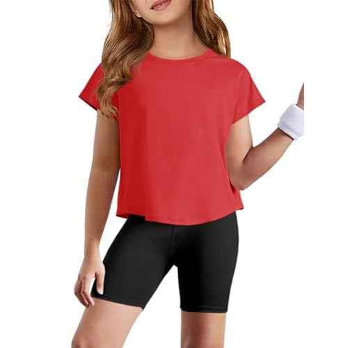 Haloumoning Girls Loose Athletic Shirts Short Sleeve Crop Tops Kids Quick Dry Gym Yoga Tees 5-14 Years
