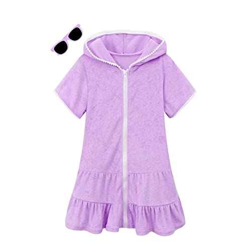 Girls Swim Cover Up Terry Swimsuit Coverup Kids Zip-Up Beach Pool Bathing Suit Wraps with Sunglasses
