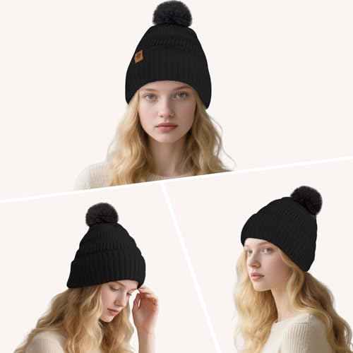Winter Beanie Hats for Women with Faux Fur Pom Warm Cozy Knit Fleece Thermal Snow Ski Skull Cap for Cold Weather