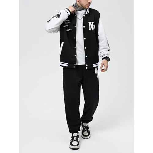 SOLY HUX Men's Tracksuit 2 Piece Outfits Color Block Letter Graphic Long Sleeve Varsity Jacket and Pants Set