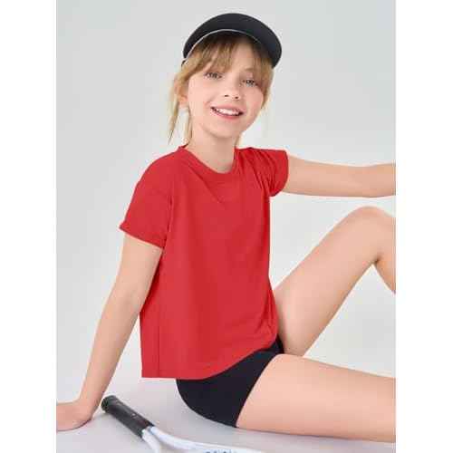 Haloumoning Girls Loose Athletic Shirts Short Sleeve Crop Tops Kids Quick Dry Gym Yoga Tees 5-14 Years