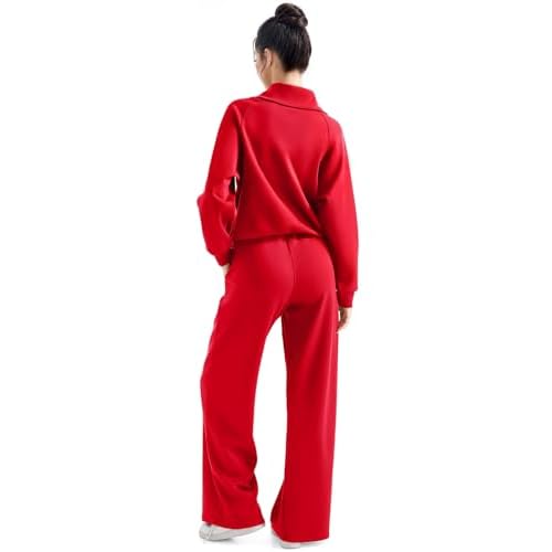 SUUKSESS Women 2 Piece Lounge Matching Set Wide Leg Sweatpant Half Zip Sweatshirt