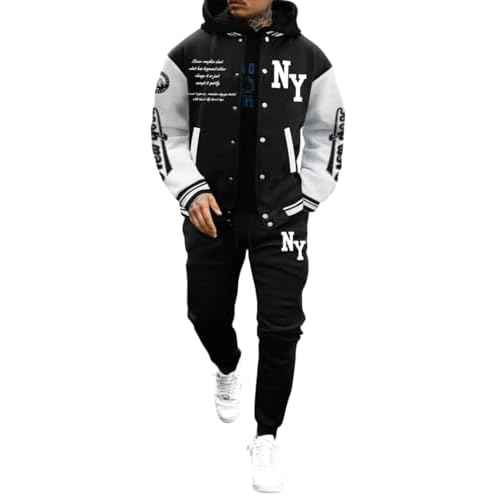 SOLY HUX Men's Tracksuit 2 Piece Outfits Color Block Letter Graphic Long Sleeve Varsity Jacket and Pants Set