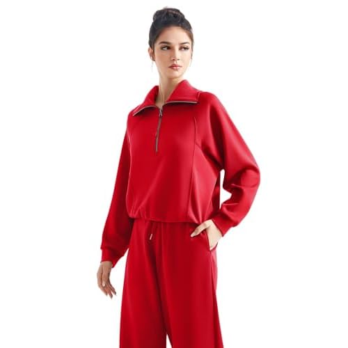 SUUKSESS Women 2 Piece Lounge Matching Set Wide Leg Sweatpant Half Zip Sweatshirt