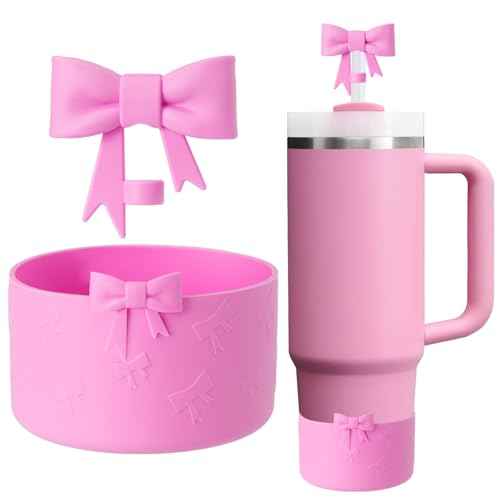 Cup Accessories Set for Stanley,Including 1Pcs Cute Bow Straw Cover Caps 10mm Reusable Straw Toppers,1Pcs Silicone Boot Sleeve for Stanley Quencher H2.0 Tumbler with Handle 30&40oz