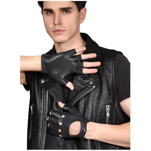 GSG Men Fingerless Gloves Driving Leather Cycling Half Finger Motorcycle Unlined Gloves for Cycling