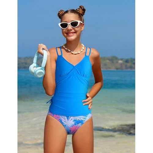 Girls Swimsuit 2 Piece Bikini Set Tropical Print Girls Bathing Suit Adjustable Straps 7-16T