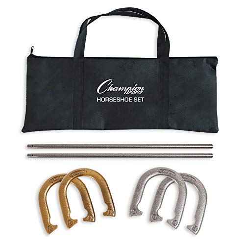 Champion Sports Horseshoe Set: Traditional Outdoor Lawn Game includes Four Professional Solid Steel Horseshoes with Solid Steel Stakes & Carrying Storage Case