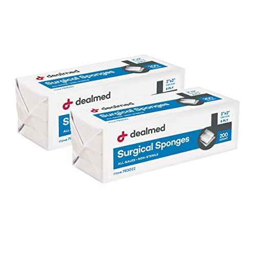 Dealmed 2" x 2" Surgical Sponges, 8-Ply, Non-Woven Absorbent Gauze Sponges for Wound Care, First Aid Kits and Medical Facilities, 200 Count (Pack of 2)