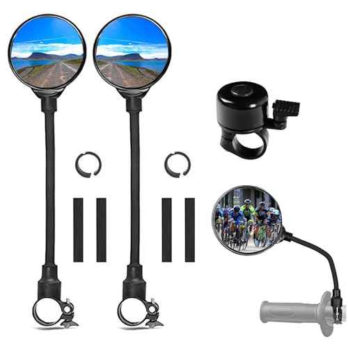 Bike Mirror With Bike Bell 360¡Æ Adjustable HD Convex Handlebar Mirror Anti-Scratch Glass Riding Mirrors (2* Mirror + 1* Bell)