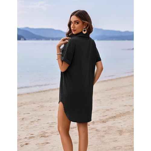 AI'MAGE Women's Swimsuit Coverup V Neck Bathing Suit Cover Up Shirt Short Sleeves Beach Bikini Swimwear Dress S-3XL