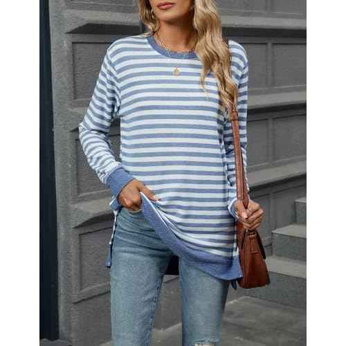 Womens Casual Striped Long Sleeve Shirt Trendy Crew Neck Slim Loose Fit Basic Blouses Tops