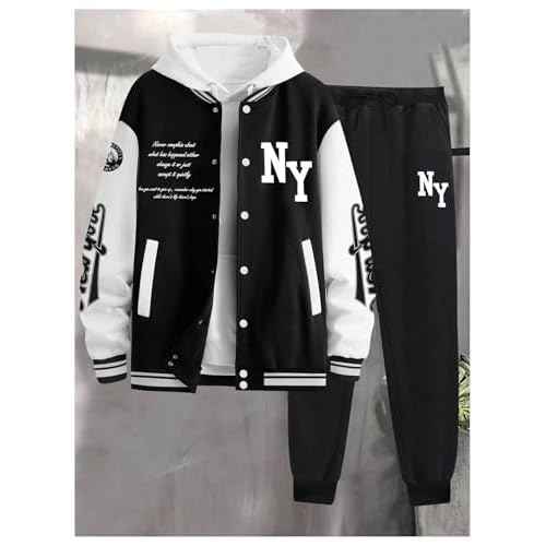 SOLY HUX Men's Tracksuit 2 Piece Outfits Color Block Letter Graphic Long Sleeve Varsity Jacket and Pants Set