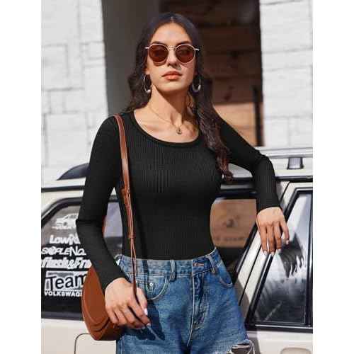 Ekouaer Long Sleeve Shirts for Women Ribbed Scoop Neck Tops 2025 Fall Basic Tees Fitted Thermal Undershirts Clothes XS-XXL