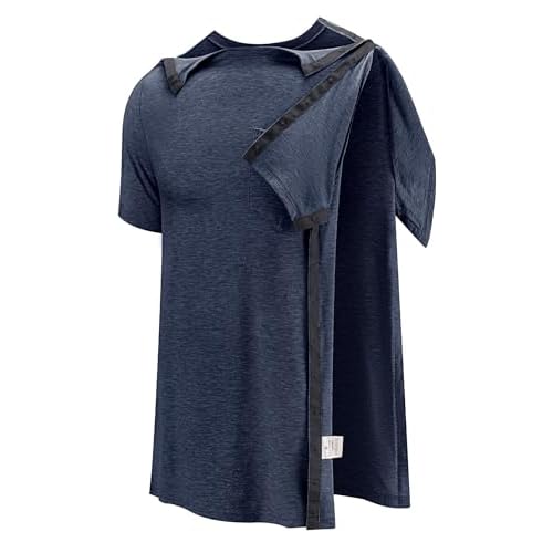 Poriff Men's Post Shoulder Surgery Recovery Shirts Full Tear Away Short Sleeve Snap Chemo Port Access Shirt