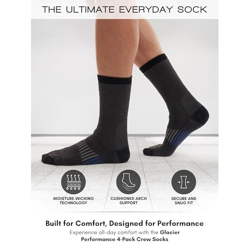 Men's Cushioned Moisture-Wicking Crew Socks (4-Pack) Mid-Weight Work Socks Moisture-Wicking, Arch Support, Fits Sizes 6-12