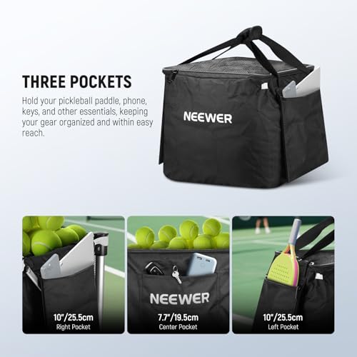 NEEWER Wheeled Ball Hopper Foldable Rolling Caddy Cart with Storage Bag, Three Accessory Side Pockets, Basket Holder for Up to 175 Tennis Balls or 120 Pickleballs, No Assembly Needed, TB02X