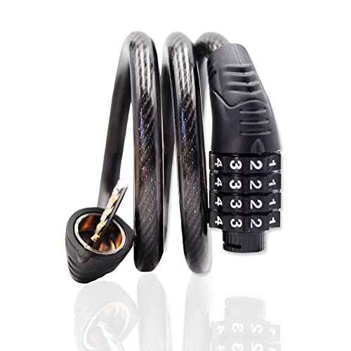 Long Coiled Security Resettable Combination Bike Cable 4 Digit Lock, Anti-Theft Accessories for Mountain and Road Bike, Electric Bicycle, Scooter, 32 inch