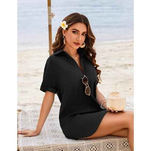 AI'MAGE Women's Swimsuit Coverup V Neck Bathing Suit Cover Up Shirt Short Sleeves Beach Bikini Swimwear Dress S-3XL