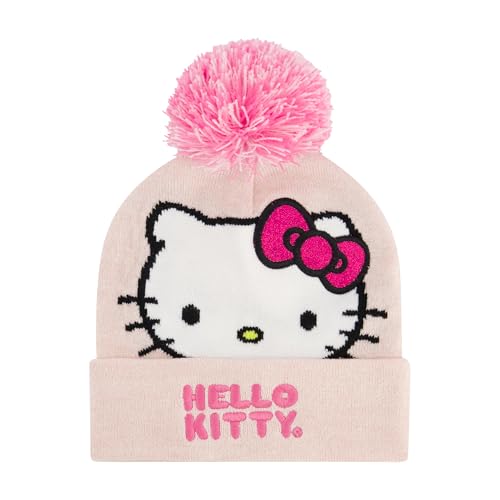 Hello Kitty Beanie Hat and Gloves Set, Girls Cuffed Marled Winter Knit Cap with Pom and Matching Mittens, Pink, One Size