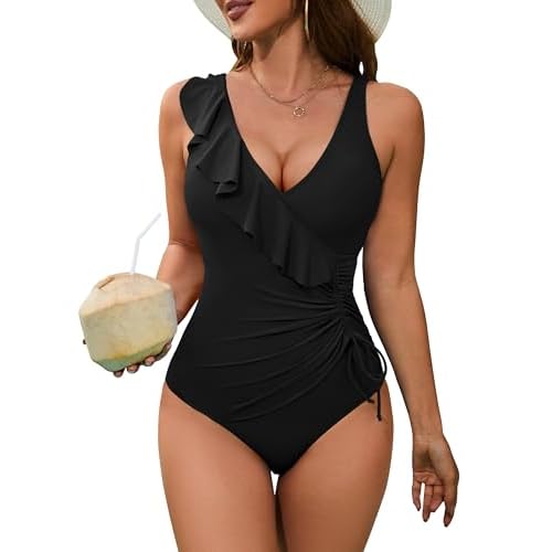 BMJL Women's One Piece Swimsuits Tummy Control Modest Bathing Suit Ruffle V Neck Swim Suits