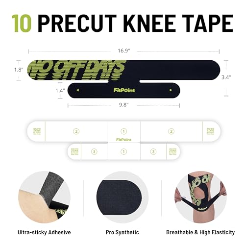 Motion Precut Kinesiology Tape for Knees, 10 Pcs Ultra-Sticky Adhesive Synthetic Knee Tape, Pain Relief & Knee Support, Latex-Free Elastic Athletic Tape, Jet Black