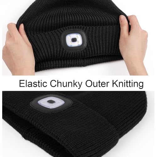 MELASA Winter Fleece Lined LED Beanie, USB Rechargeable Hand Free Warm Hat with Light Built in, Gifts for Men Dad Husband Him