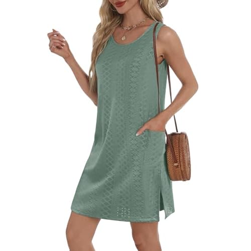 Coverup Summer Dresses for Women 2025 Eyelet Casual Loose Sleeveless Sundresses Tank Dresses with Pockets
