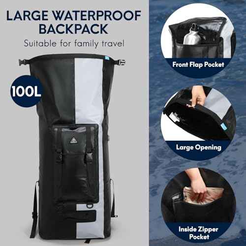 Haimont 100L Waterproof Backpack Large Roll Top Dry Backpacks Marine Dry Bags with Air Valve Travel Surfing Black/Grey