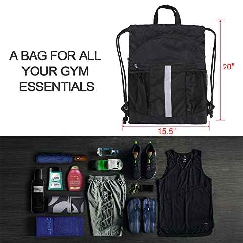 BeeGreen Drawstring Backpack Bag with Shoe Compartment, X-Large Black Gym Sports String Cinch Backpack