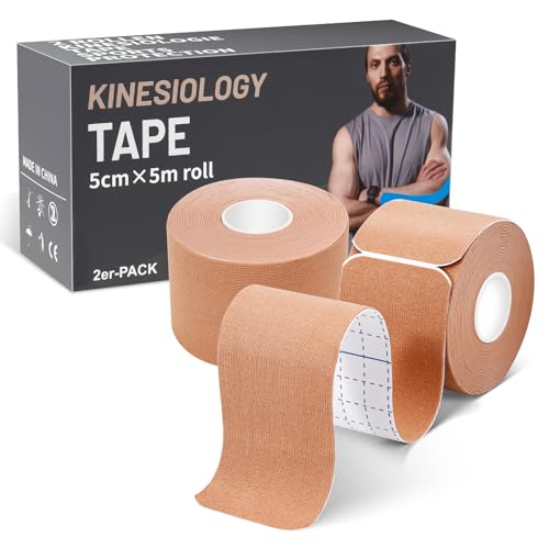 Kinesiology Tape Pre-Cut 2 Rolls, Athletic Tape for Muscle Joints Support and Recovery, Waterproof, Breathable, for Outdoors, Exercise and Fitness, 40 Strips, Beige, 2inch x 16ft