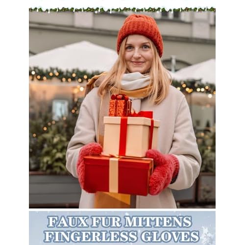 SATINIOR Faux Fur Mittens Fingerless Gloves Convertible Gloves Fluffy Winter Warm Soft Half Finger Fuzzy Mittens for Women