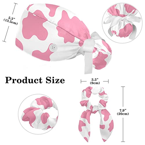 Work Caps Bouffant Surgical Cap with Hair Tie Cow Skin Print Pink Ponytail Holder Tie Back Scrub Hat