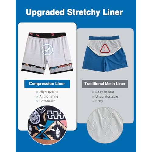 Mens Swim Trunks with Compression Liner 5" Stretch Beach Shorts 2 in 1 Quick Dry with Zipper Pockets Board Shorts