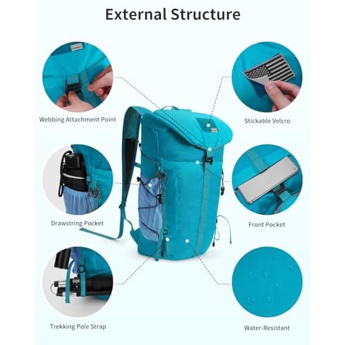 Blue Quartz Hiking Backpack 30L Lightweight Packable Backpack for Travel, Water Resistant Foldable Daypack for WoMen Men, Blue Green