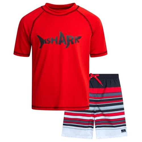 Big Chill Boys Rash Guard Set - 2 Piece UPF 50+ Quick Dry Sun Protection Swim Shirt and Swimming Trunks (Sizes: 4-14)