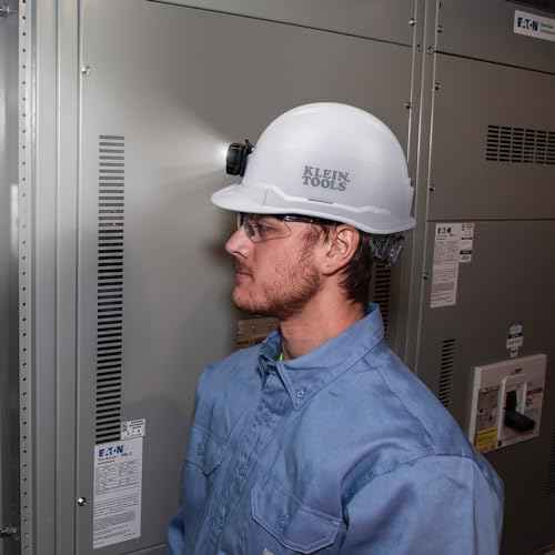 Klein Tools 60107RL Hard Hat, Rechargeable Headlamp, Non-vented, Cap Style, Padded Self-Wicking Odor-Resistant Sweatband, Tested up to 20kV, White