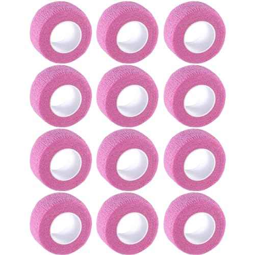 IndigoCase 12 Pack Self Adhesive Bandage Wrap 1 Inch, Pink Color Bandages Variety Pack, Elastic Sports Grip Tape, Vet Wrap, Small Bandages Bulk for Fingertip, Knuckle, Kids and Pets.
