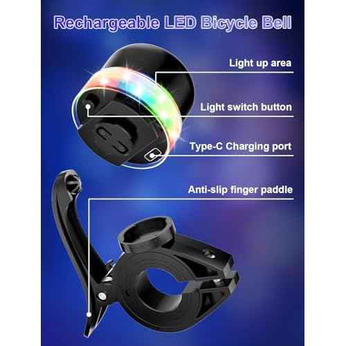 Bike Bell for Kids & Adults, Light up Bike Accessories Adjustable with Ferrules Fit for 0.74-1.25in(19-31.8mm) Bicycle Handlebars, Aluminum Made & Crisp Sound for Mountain Dirt Road Bike Ebike(Black)