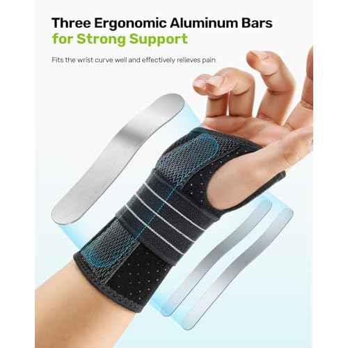 Carpal Tunnel Wrist Brace, Adjustable Night Wrist Support with 3 Metal Splints, Hand Brace for Men Women No Pressure on Thumb, Splint Stabilizer for Work, Arthritis (Right Hand, Gray, Medium)
