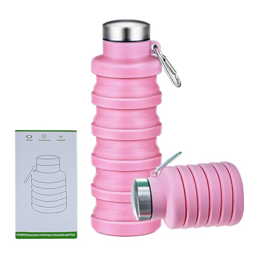 Collapsible Water Bottle,16oz Capacity Portable Reusable Silicone Water Bottle, Leak-proof, with buckle, foldable storage, Lightweight Durable for Fitness, Cycling, Sports, Camping, Hiking (Pink)