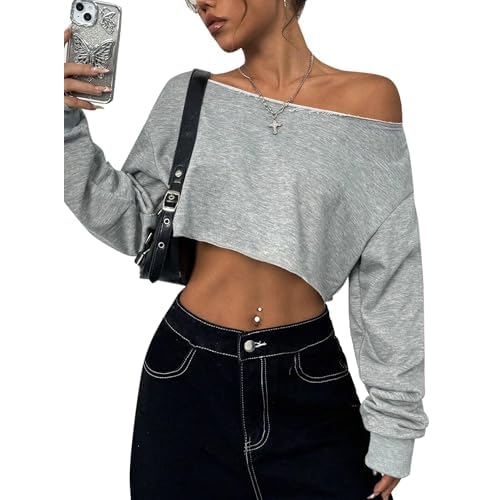 Remidoo Women's Off the Shoulder Cropped Sweatshirt Asymmetrical Neck Long Sleeve Crop Tops