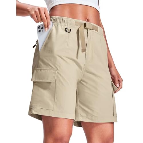 Haimont Women's 7 Inch Hiking Cargo Shorts with Belts Elastic Waist Nylon Quick Dry Water Resistant Camping Travel Trekking