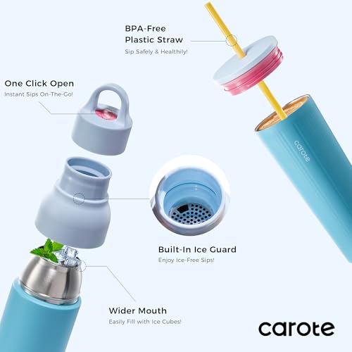 CAROTE 19 oz One-Click Open Insulated Water Bottle & 21 oz Tumblers with Lid and Straw, Double-Wall Insulated Stainless Steel, Leakproof Lid with Handle, Essential for Travel, Sports(Vibrant Blue)