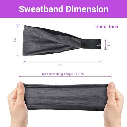 Sweatband for Men & Women, Wide Sports Headband for Running Biking Exercise, Soft & Elastic, 2 Colors Dark Gray White