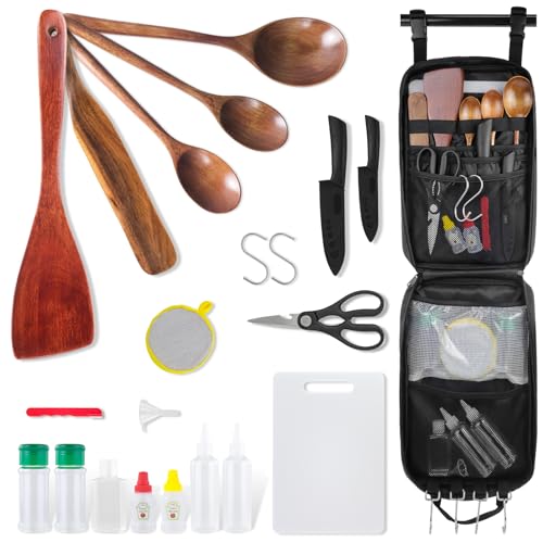 Camping Cooking Cookware Set - Upgraded Camp Kitchen Organizer with Wooden Utensils, Portable Gear for Outdoor Dining Essentials