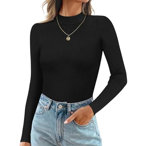 Ekouaer Mock Turtle Necks Tops for Women Long Sleeve Ribbed Shirts Thermal Slim Fit Lightweight Undershirts S-XXL