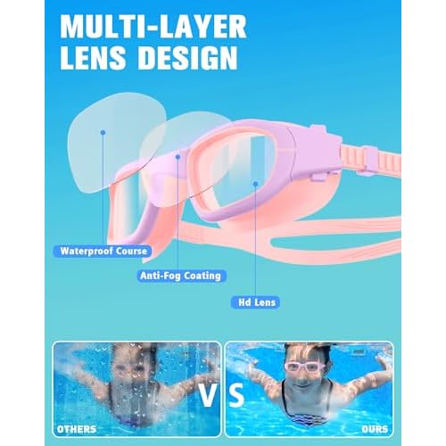 Kids Swim Goggles with Silicone Swim Cap, Swimming Goggles Cap Set for Kids 6-14, Anti-Fog Anti-UV for Boys Girls