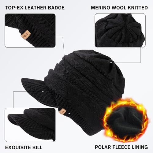 TOP-EX DryKnit¢â Winter Waterproof Merino Wool Visor Beanie Hat with Brim for Men Women, Knit Cap Stocking Warm Fleece Lined