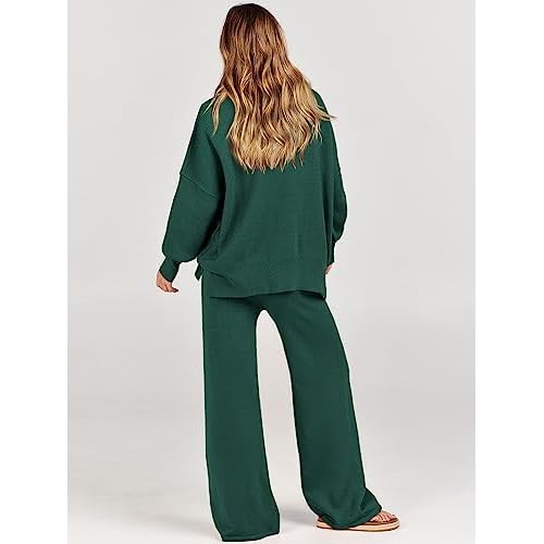 ANRABESS Womens 2 Piece Outfits Fall Lounge Set 2025 Oversized Chunky Knit Sweater Top Wide Leg Pants Loungewear Clothes